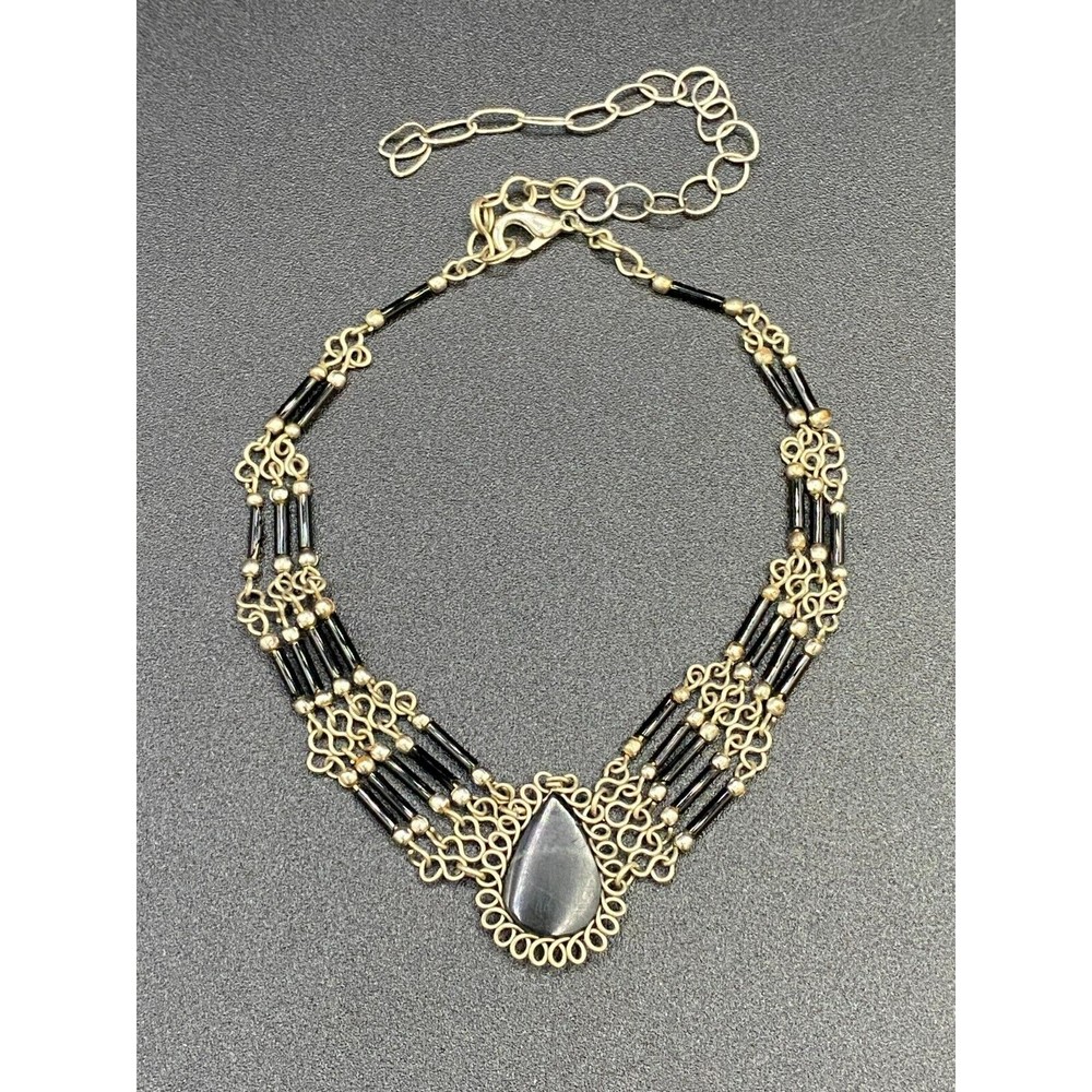 Vintage Black Stone Teardrop and Black Glass Bead Silver Tone Anklet